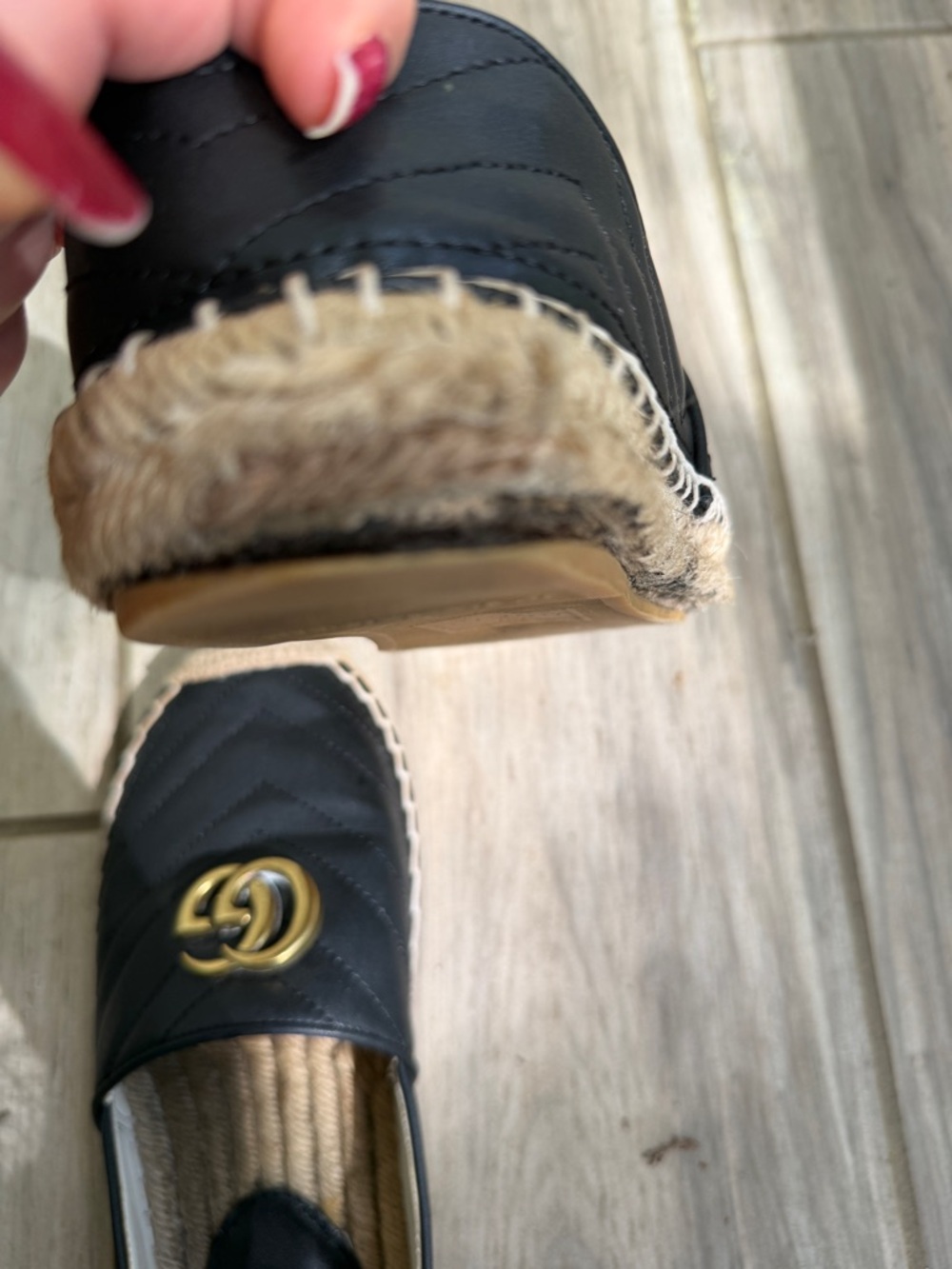 Black Quilted Espadrille Slip-On Shoes with Gold Emblem - Picture 5 of 10